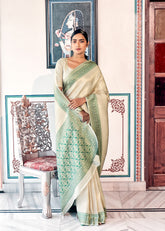 Pure Kanjivaram pastel green light shaded weaving silk hanloom saree with contrasting dark border